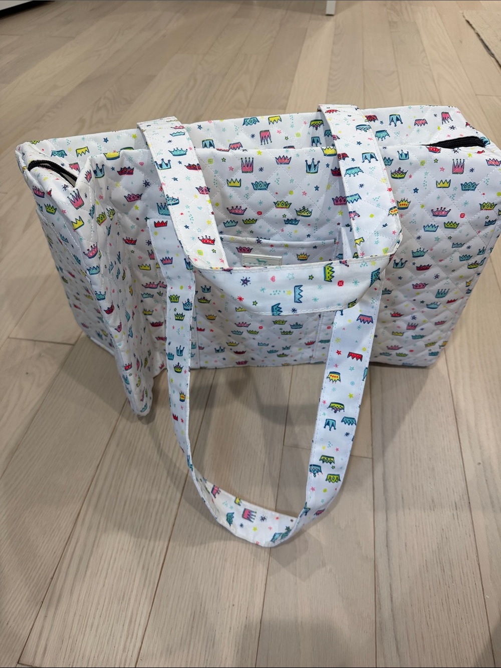 Scout White Diaper Tote with Multicolor Crown Print
